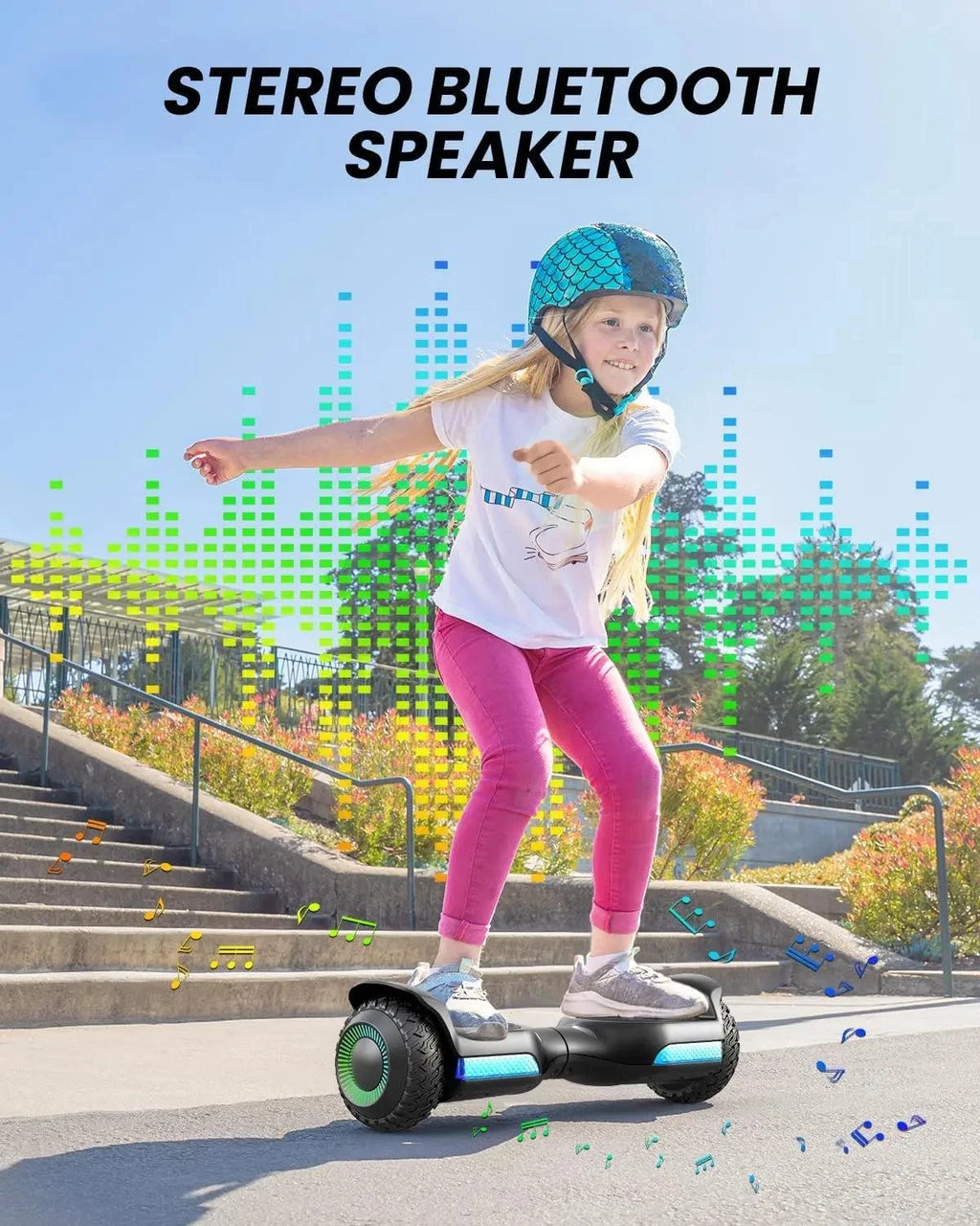 All-terrain hoverboard with off-road tires and LED-lit wheel accents, black