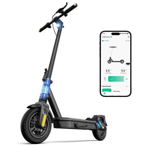 Black electric scooter with blue headlight, front wheel and handlebars visible
