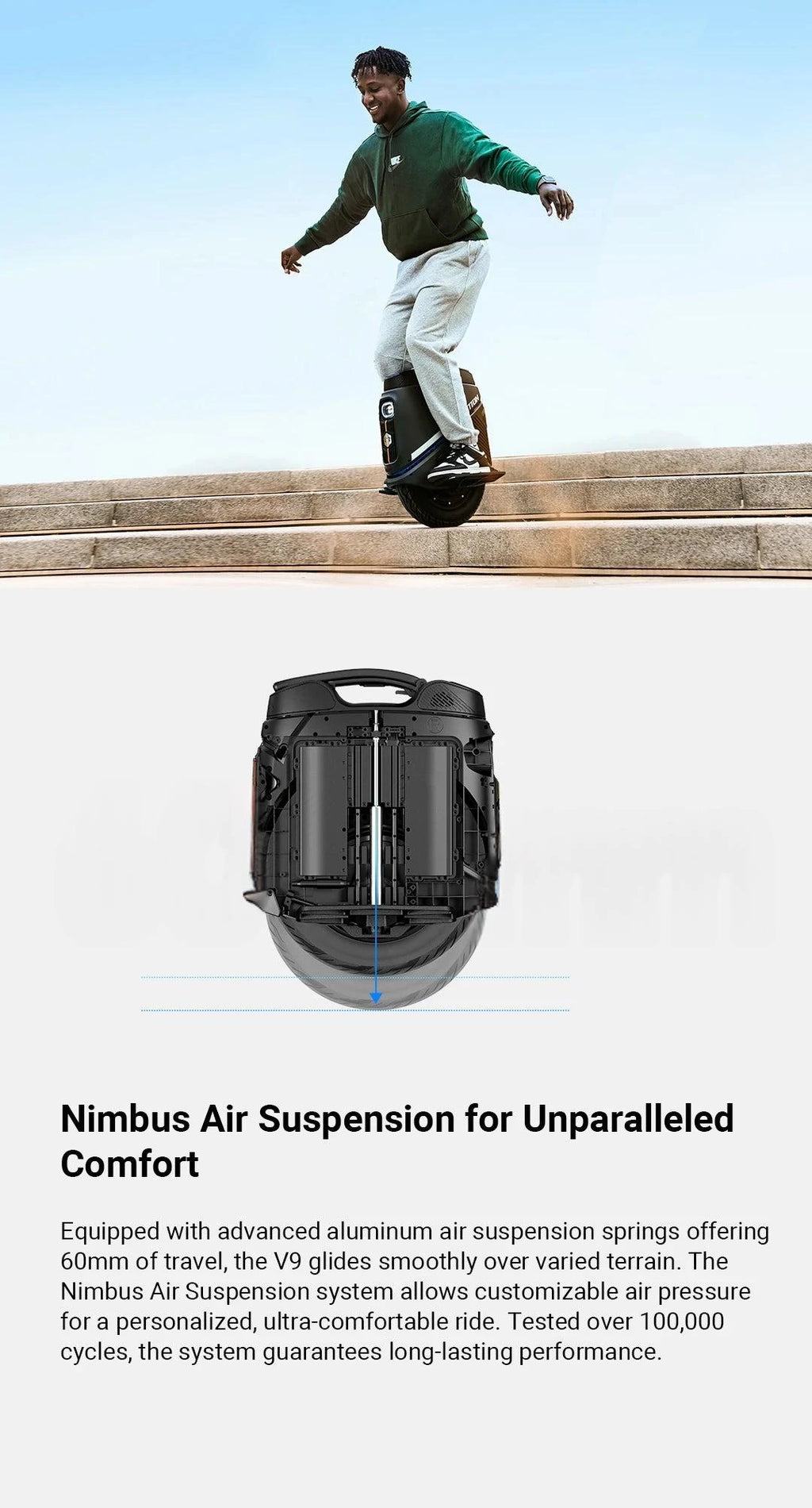 INMOTION V9 electric unicycle with air suspension, front and side view diagram