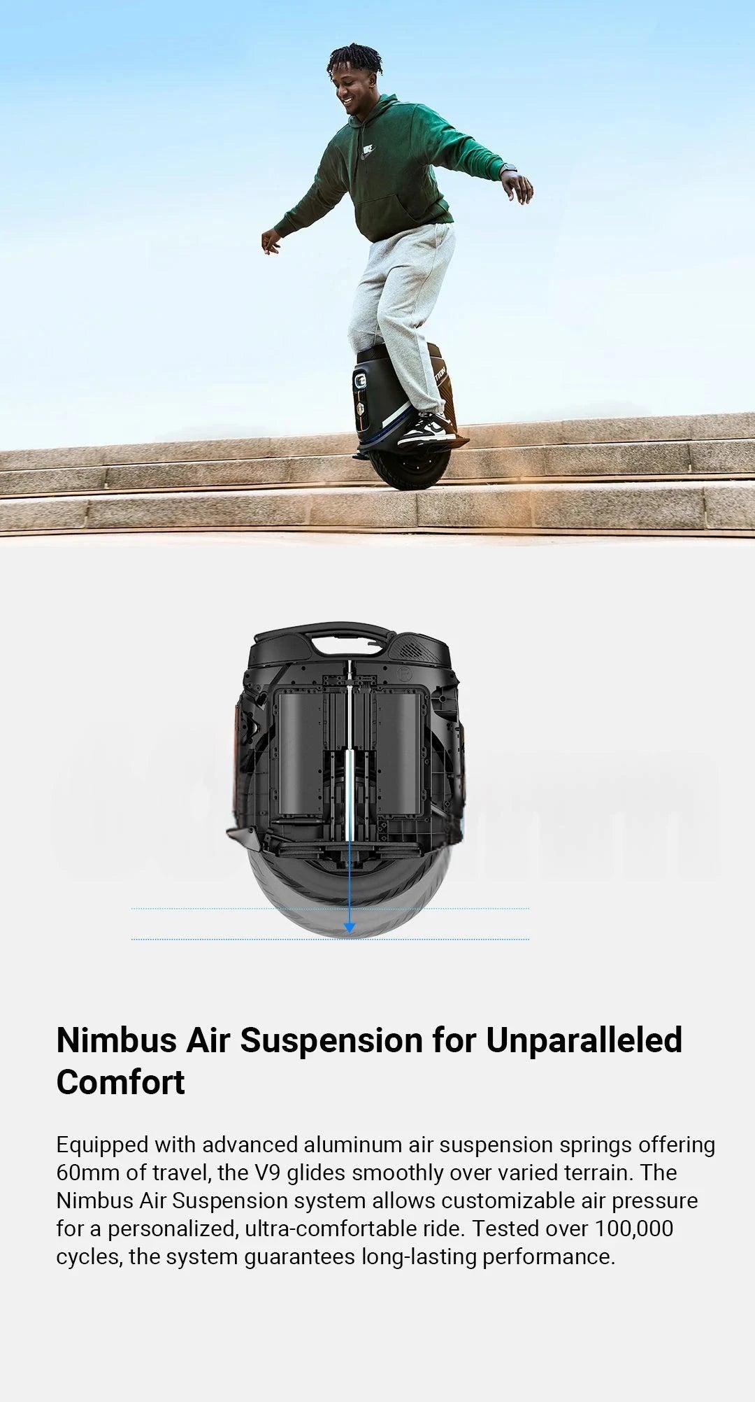 INMOTION V9 electric unicycle with air suspension, front and side view diagram