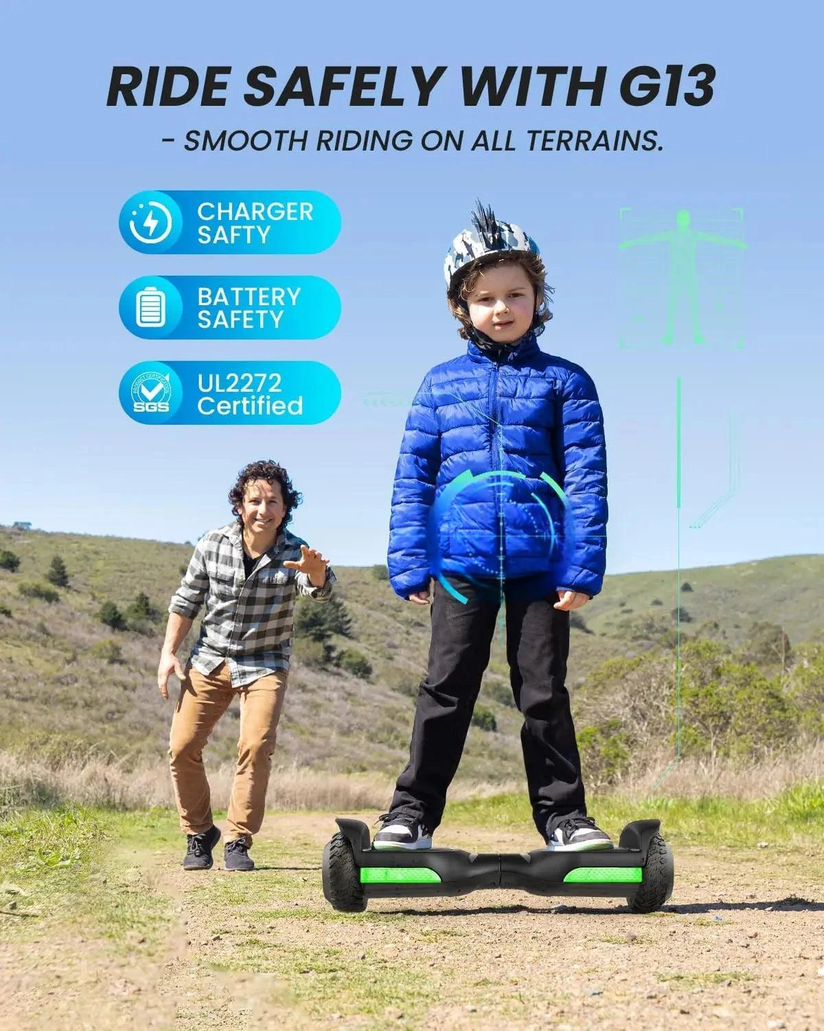 Child rides all-terrain hoverboard with green LED lights on outdoor trail