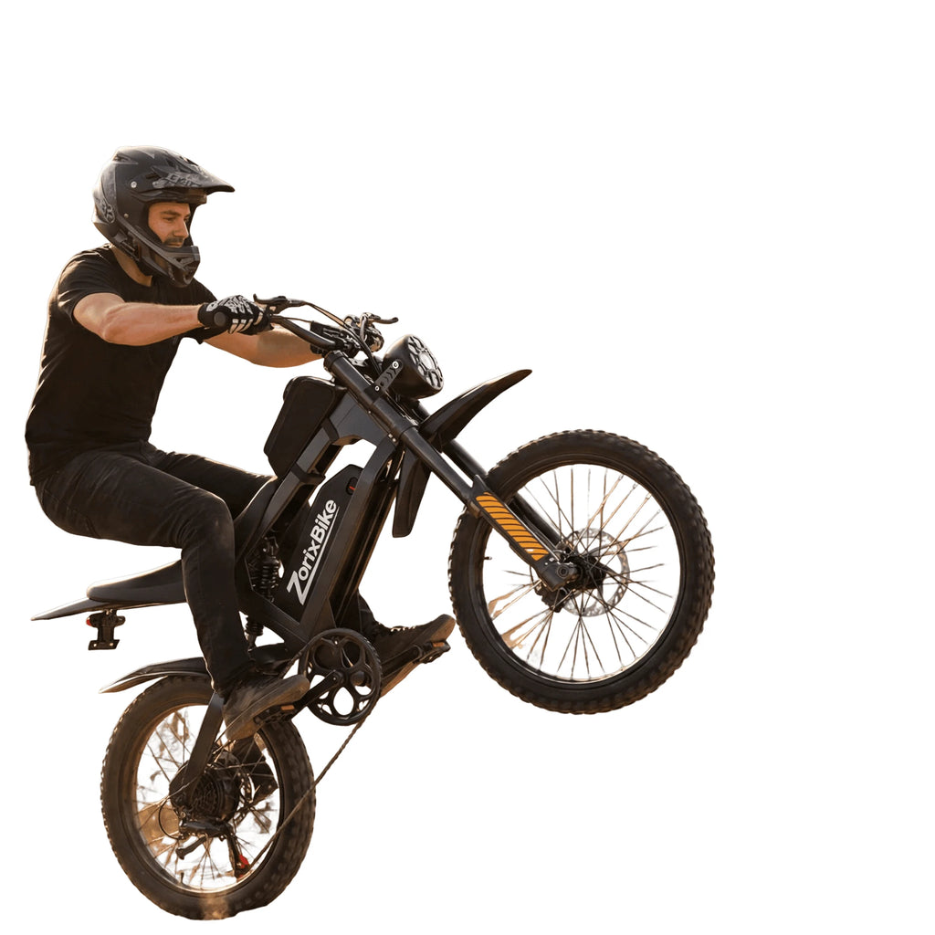ZorixBike electric dirt bike with front disc brake and rider, black frame, side view