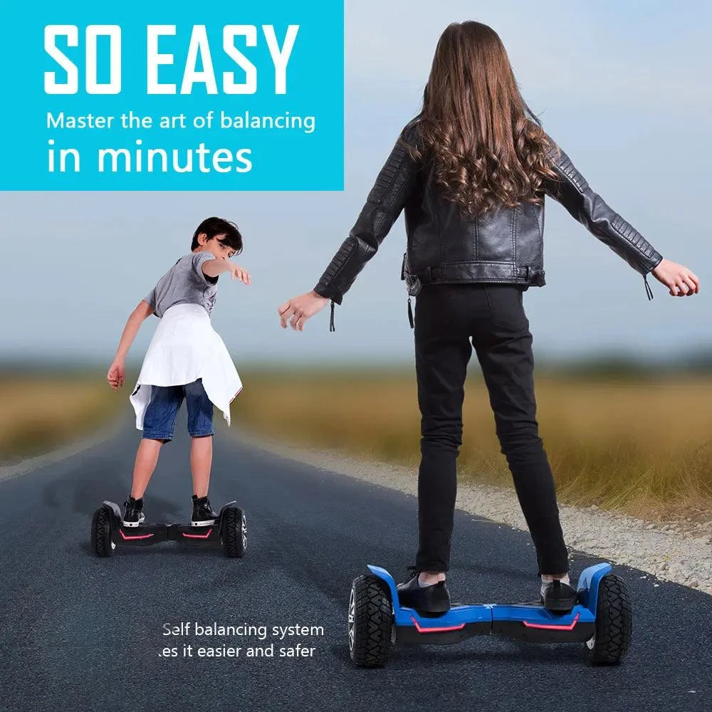 Blue-and-black self-balancing hoverboard with rider standing on the deck