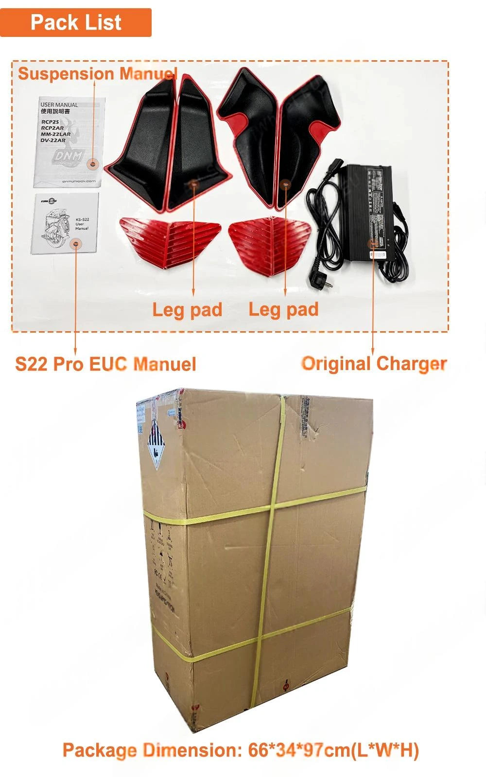 Electric unicycle accessory set with leg pads, suspension manual, original charger, and box