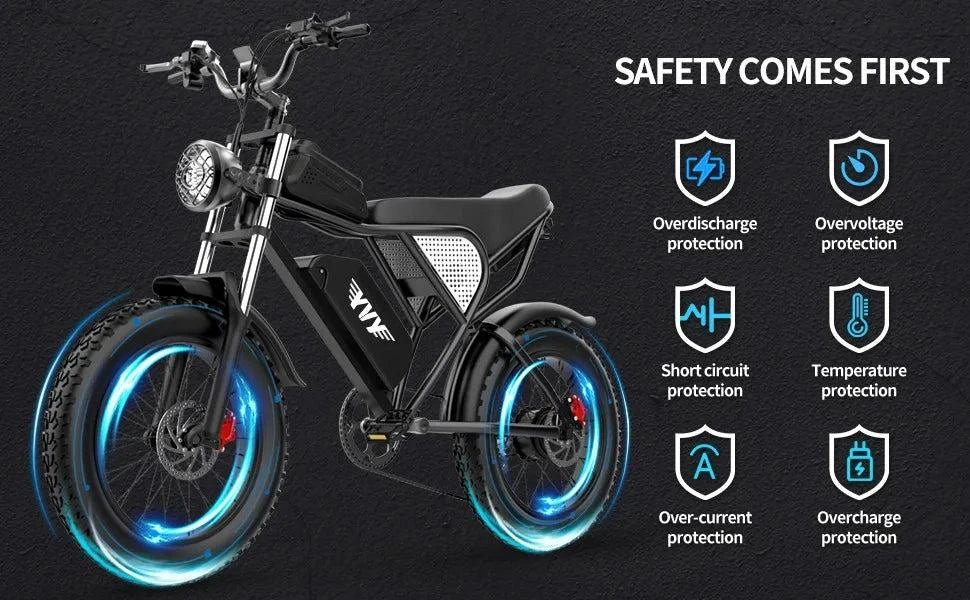 Electric fat-tire bike with LED glowing rims and front headlight, side view.