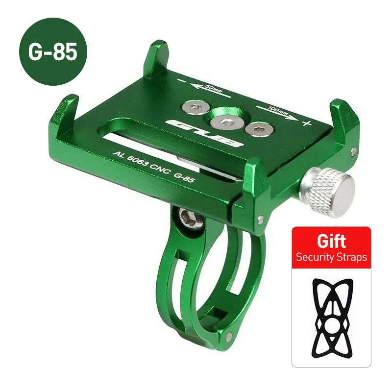 Green aluminum bike phone mount with handlebar clamp and adjustment knob, G-85