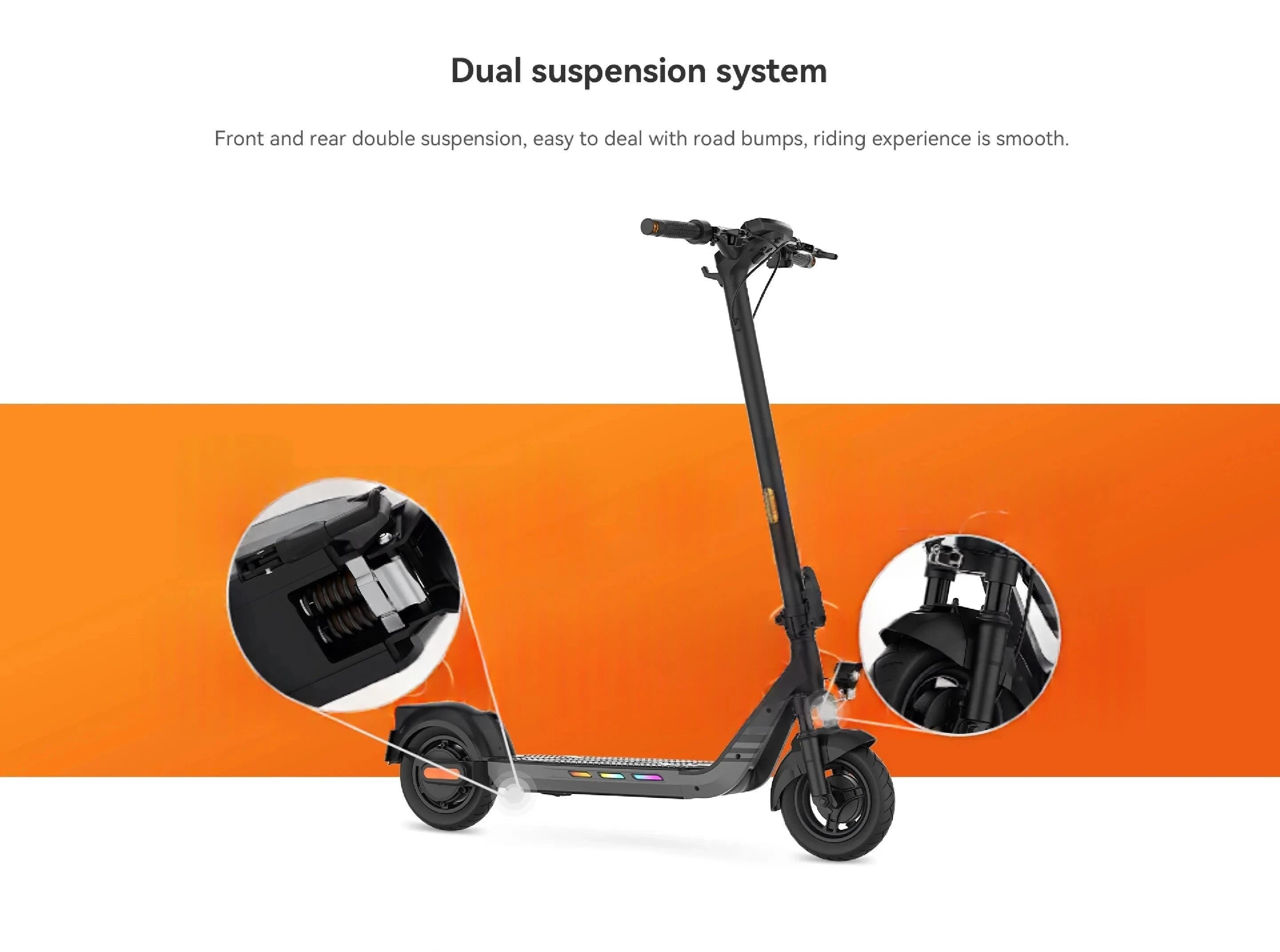 Black electric scooter with dual suspension, front wheel and fork shown