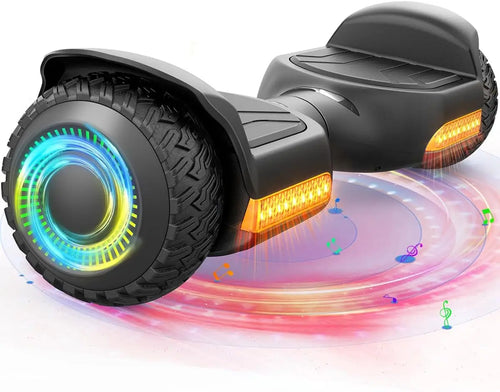 All-terrain hoverboard with black wheel, blue LED ring, and amber side light