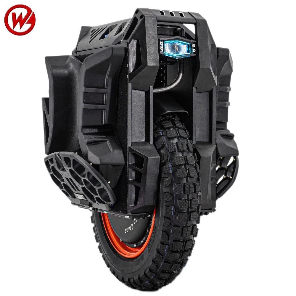 Electric unicycle angled view with blue headlight, black frame, and knobby tire