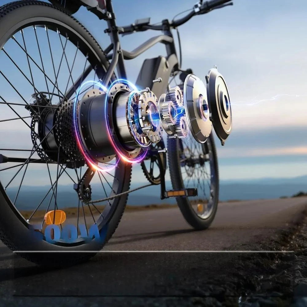 Allin electric bike drivetrain close-up with motor hub and spinning rear wheel