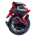 Red and black electric unicycle with textured seat and front wheel assembly.
