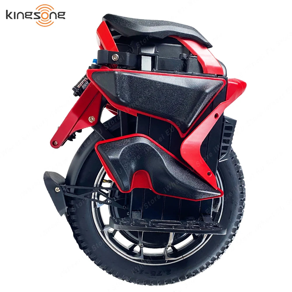 Red and black electric unicycle with textured seat and front wheel assembly.