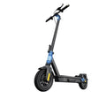 Electric scooter with smartphone app screen showing controls and tire range icons.