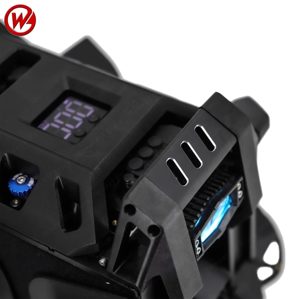 Electric unicycle control panel with digital display and LED status lights on black housing