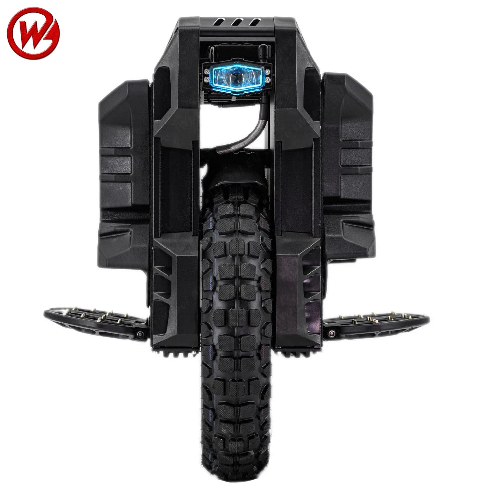 Electric unicycle top-down view with glowing blue headlight and central knobby tire