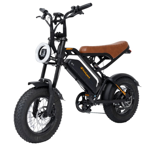 Black fat tire electric bicycle with brown saddle, front headlight, and orange trim