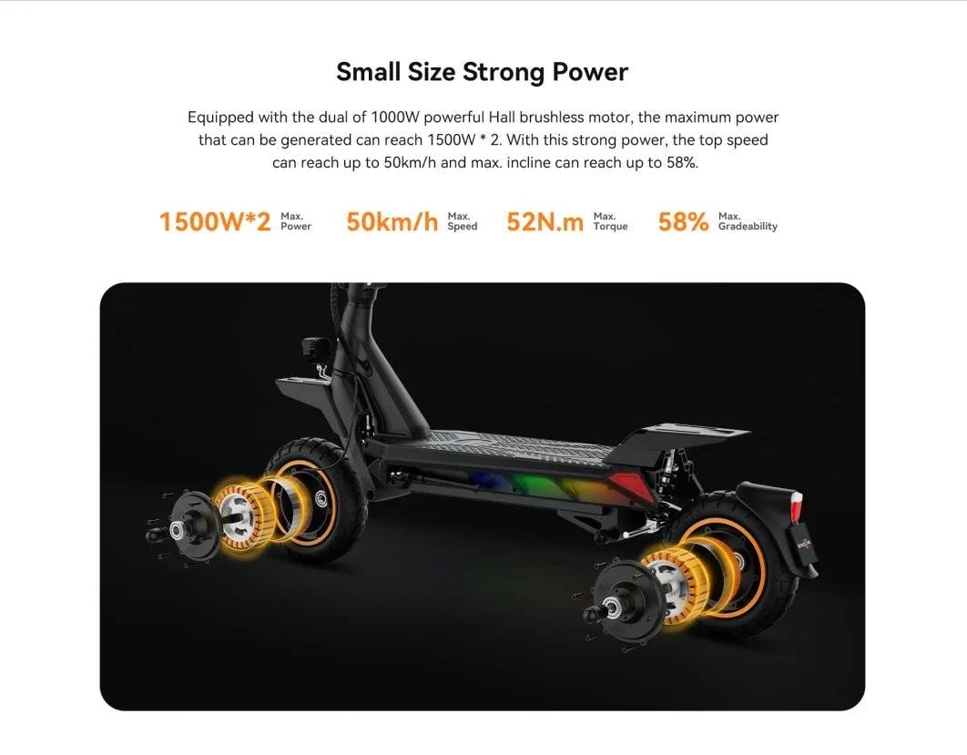 Black electric scooter on dark background with 10-inch tires and rear drive wheel