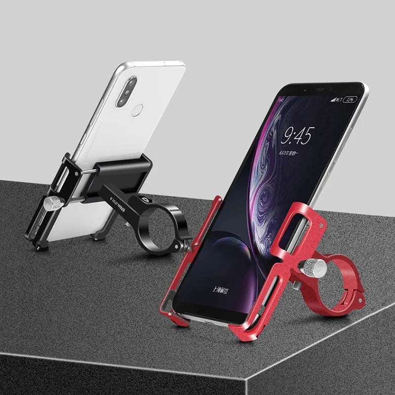Red and black phone mount with side clamps, securing a smartphone on handlebar