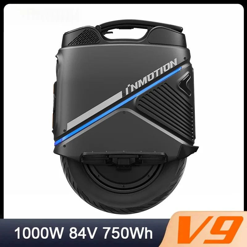 INMOTION V9 electric unicycle, dark body with blue trim and front vent grille