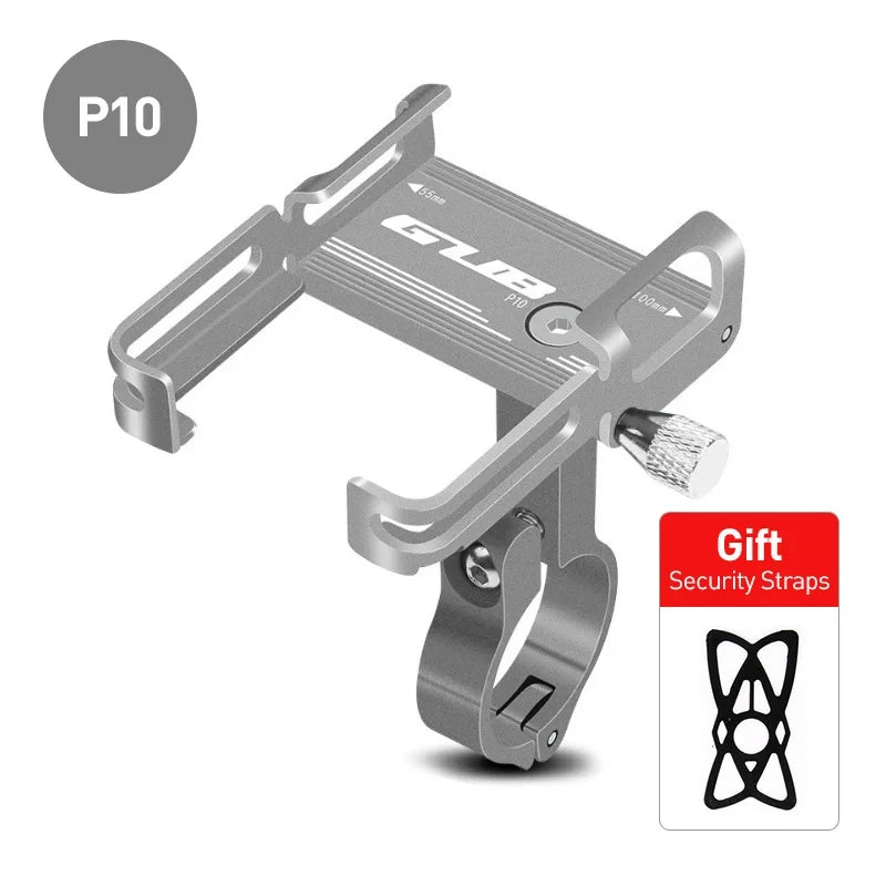 Silver aluminum bike phone mount with handlebar clamp and knurled adjustment dial, P10