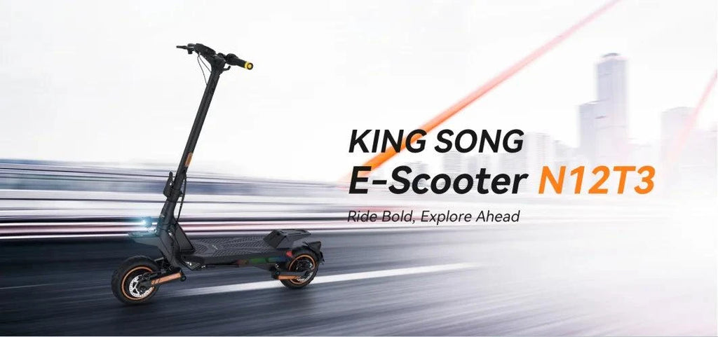 Black electric scooter in side profile with folding stem and off-road tires