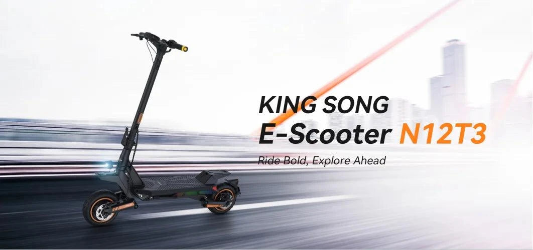 Black electric scooter in side profile with folding stem and off-road tires