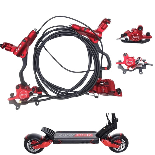 Hydraulic disc brake kit with red calipers and black brake hose set for front +90°