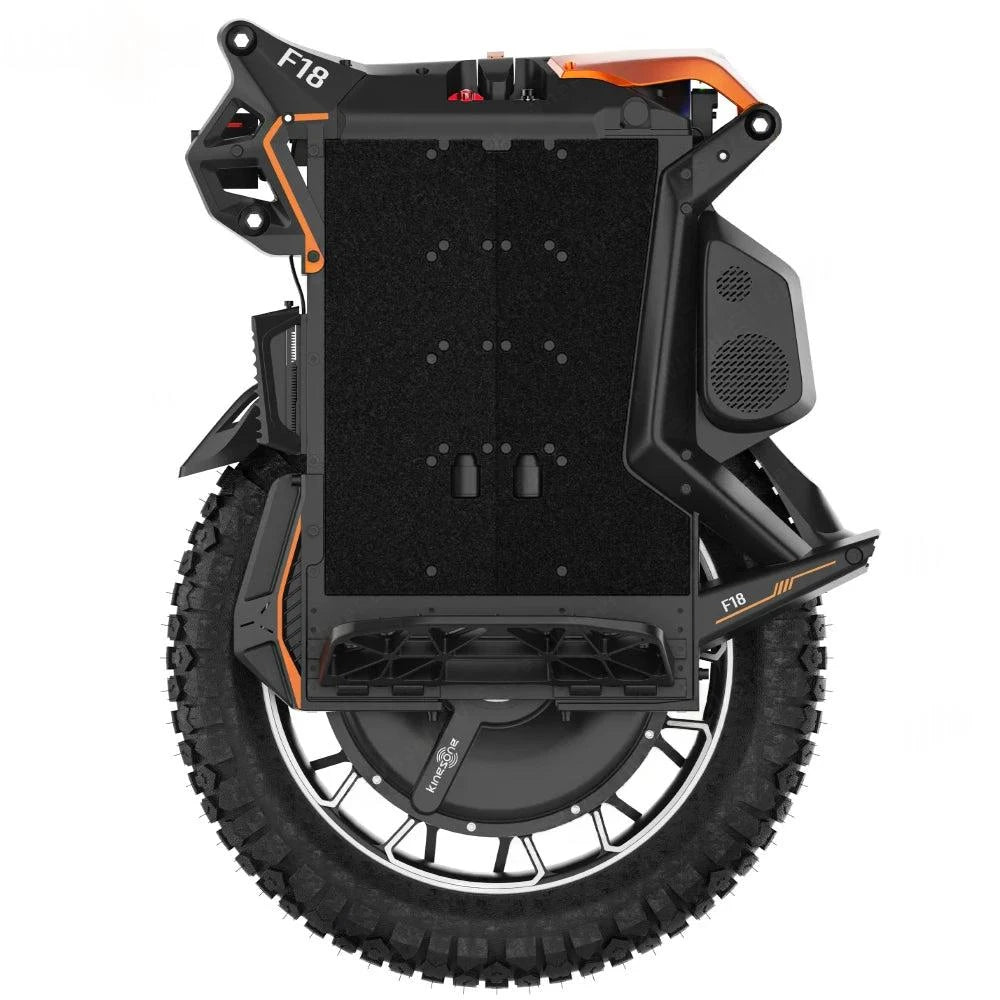 Electric unicycle front three-quarter view with black frame, thick tread tire, orange accent details