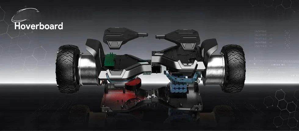 All-terrain hoverboard front view with dual wheels and central battery module