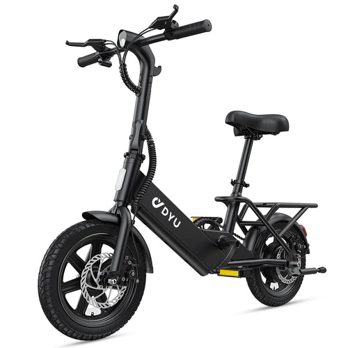 Black DYU C3 electric bike with front suspension and rear cargo rack