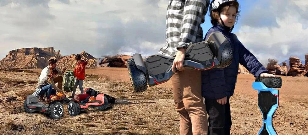 Blue-and-black hoverboard being ridden outdoors with chunky tread tires