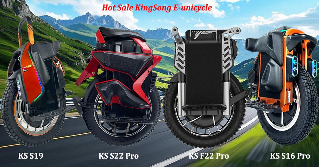 Red and black electric unicycle with raised headlight housing and front suspension.