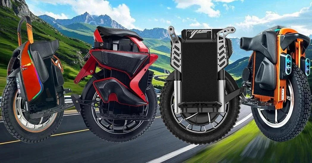 Electric unicycle lineup on road with black frames and orange accents, multiple units visible
