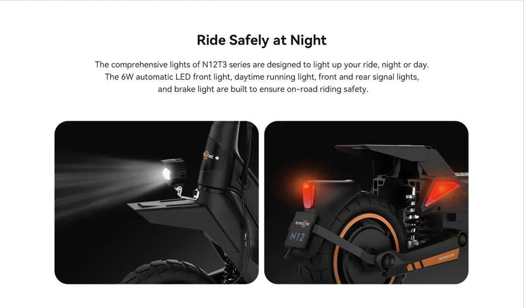 KingSong N12T3 electric scooter with front and rear lights on for night safety