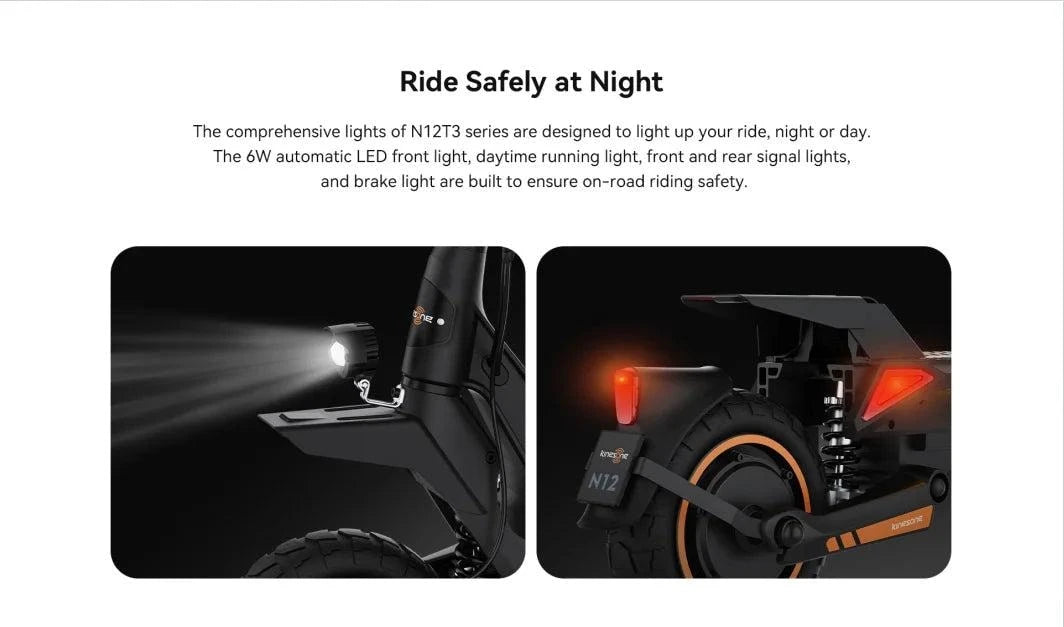 KingSong N12T3 electric scooter with front and rear lights on for night safety