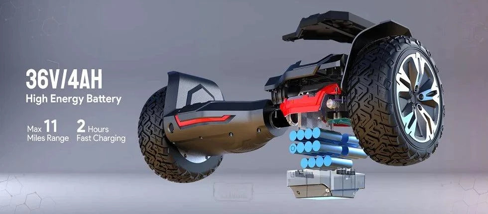 All-terrain hoverboard with dark body, red accents, and chunky off-road tires