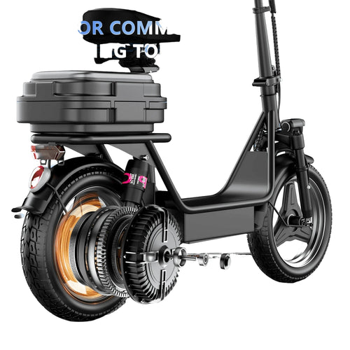 Black electric scooter with front wheel, deck, and rear storage box