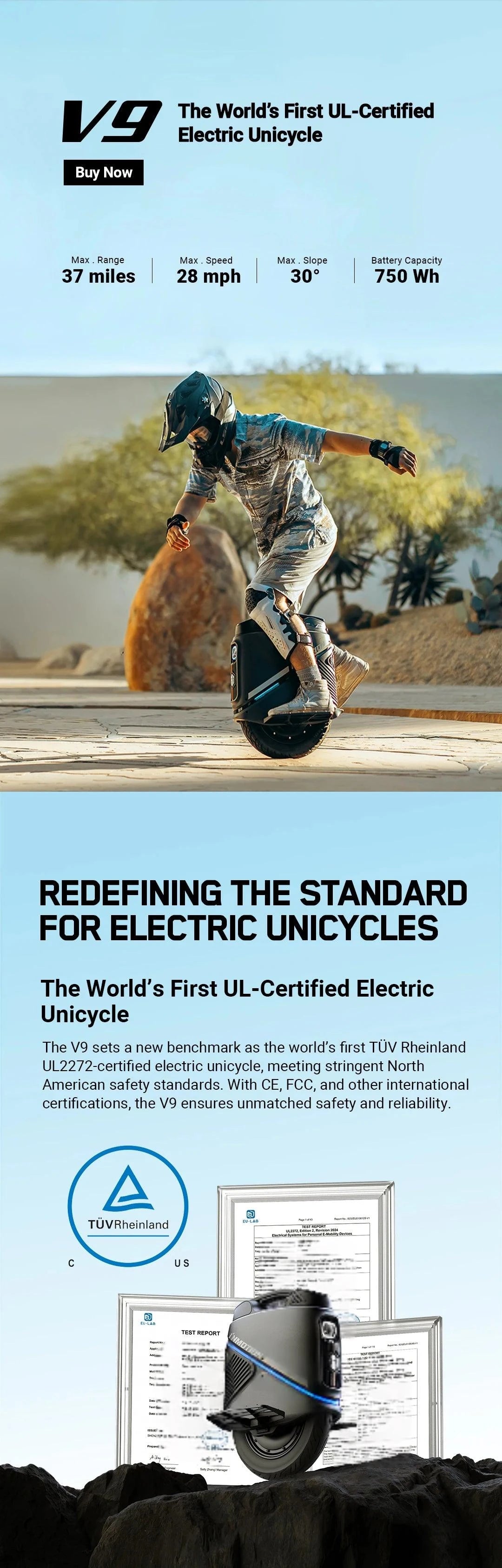 INMOTION electric unicycle with rider, compact dark body with blue accent line