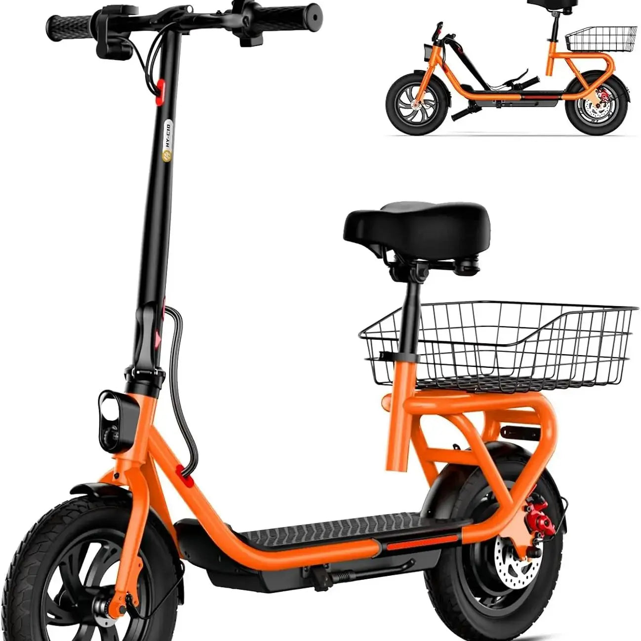 Orange folding electric bike with seat and front wire basket, LED lights