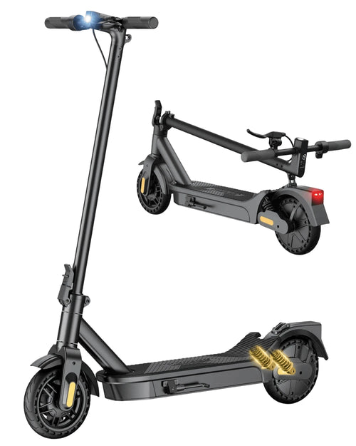 Electric scooter side view with front light and dual rear shock absorber