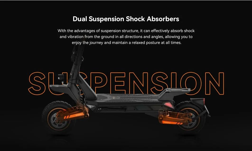 Side view of black electric scooter highlighting dual suspension shock absorbers