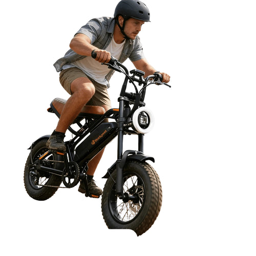 Black fat tire electric bicycle with front headlight and suspension fork