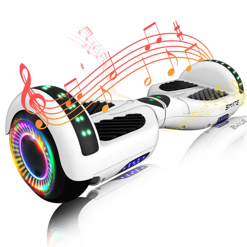 White hoverboard with LED light wheels and built-in speaker grilles, Bluetooth-ready
