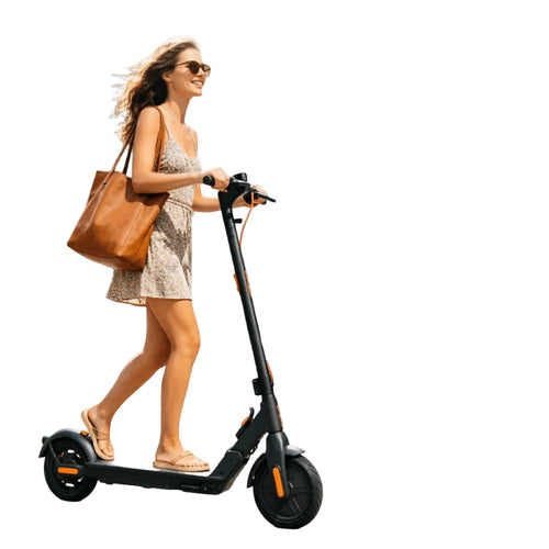 Black foldable electric scooter with deck and front headlight, side view