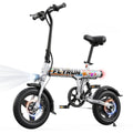 White folding e-bike with front suspension, disc brakes, black handlebars and saddle