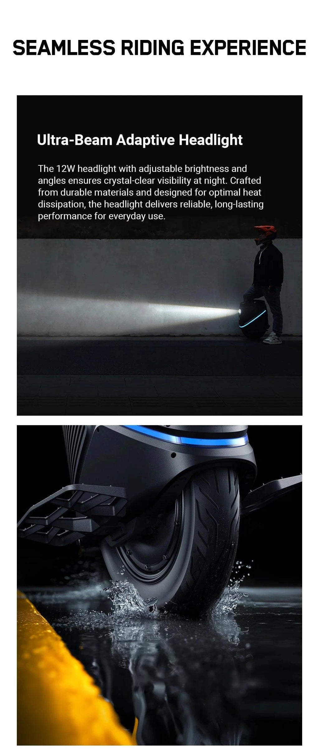Electric unicycle headlight shining with blue-accent wheel detail