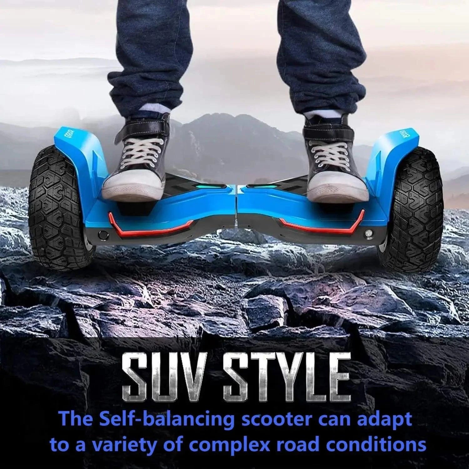 Blue and black self-balancing hoverboard with LED accents and chunky tires