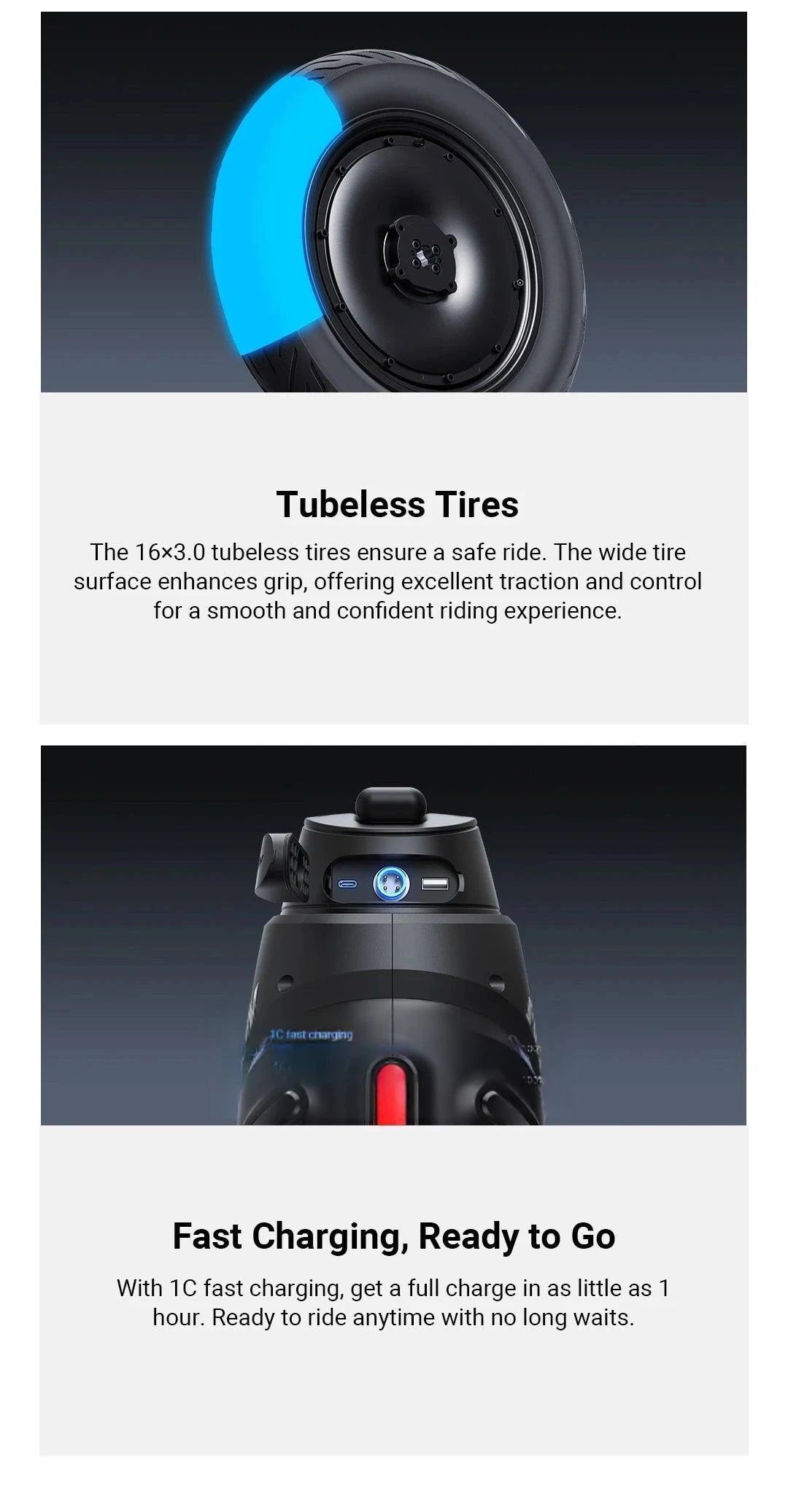 Electric unicycle tubeless tire front and rear top view