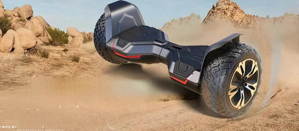 All-terrain hoverboard with large tread tires and red stripe accents