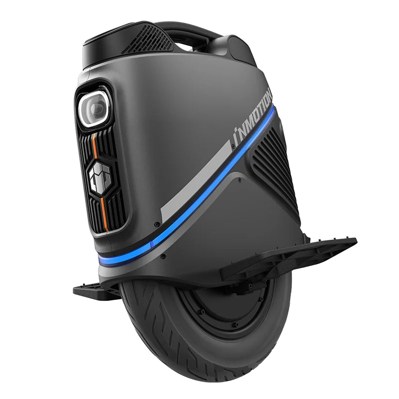 INMOTION V9 electric unicycle side profile with blue stripe and front headlight